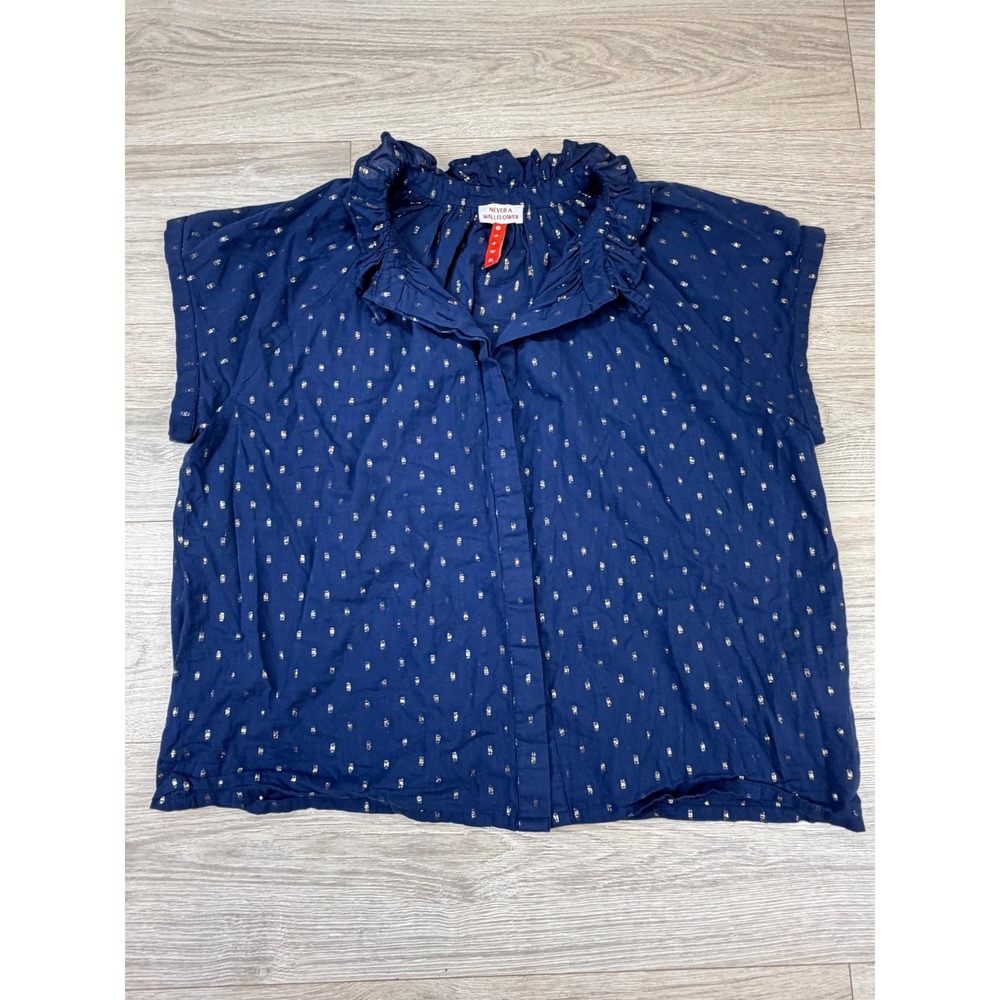 Never A Wallflower Navy Blue Gold Metallic‎ Clip Dot Ruffle Collar Blouse Medium